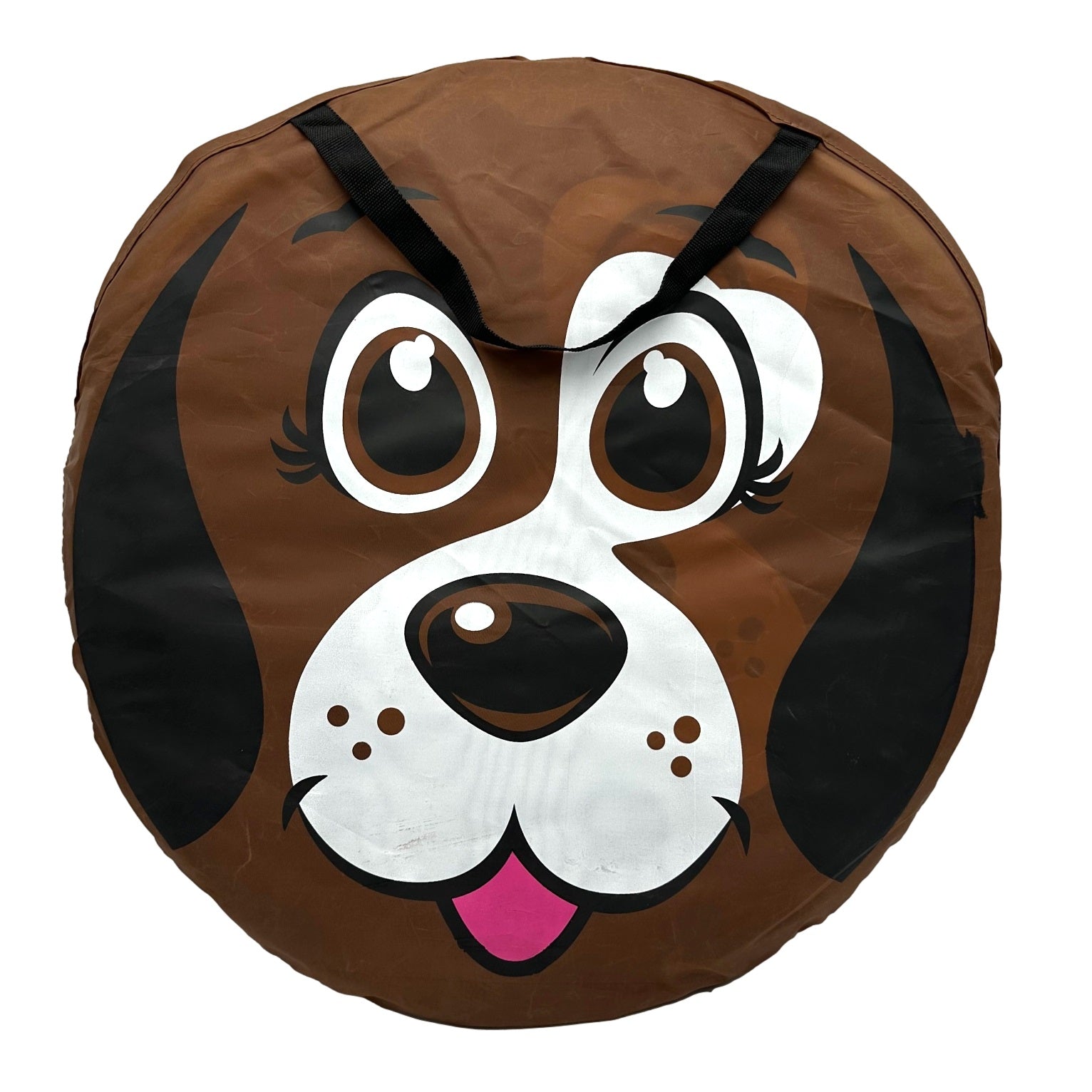 Brown round dog-shaped tent with black handles.
